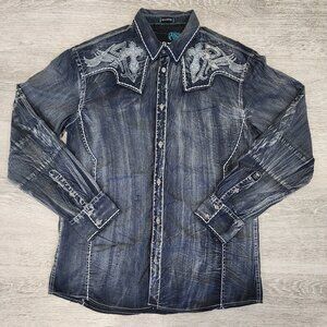 Roar Signature Embroidered Long Sleeve Snap & Button Shirt Gray Men's Size L